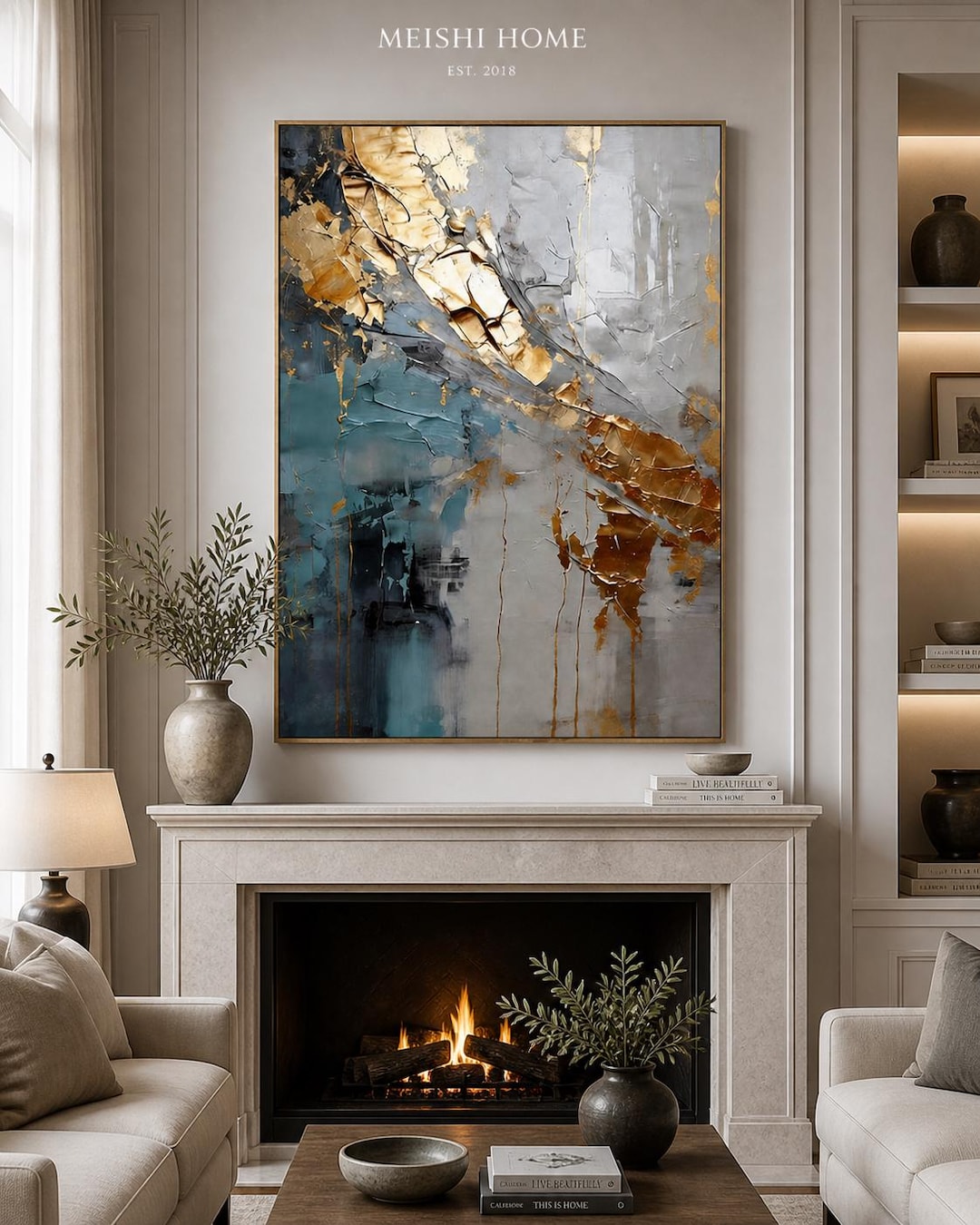 Blue and Gold Abstract Wall Art, Modern Luxury Canvas Painting ...