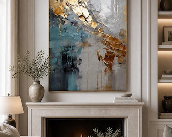 Blue and Gold Abstract Wall Art, Modern Luxury Canvas Painting, Contemporary Textured Artwork
