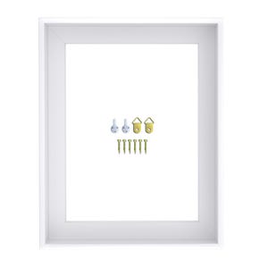 May include: A white picture frame with a rectangular opening. Included are picture hanging hardware: four small hooks, two gold-colored hangers, and seven small screws. The frame is clean and modern.