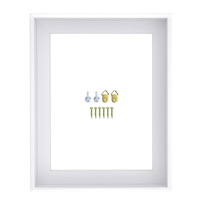 May include: A white picture frame with a rectangular opening. Included are picture hanging hardware: four small hooks, two gold-colored hangers, and seven small screws. The frame is clean and modern.