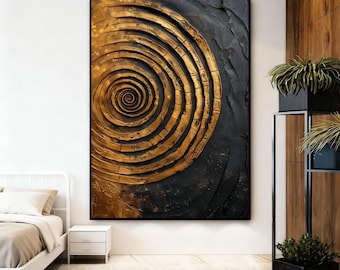Black and Gold Spiral Abstract Wall Art, Luxury Modern Canvas, Symbolic Contemporary Painting