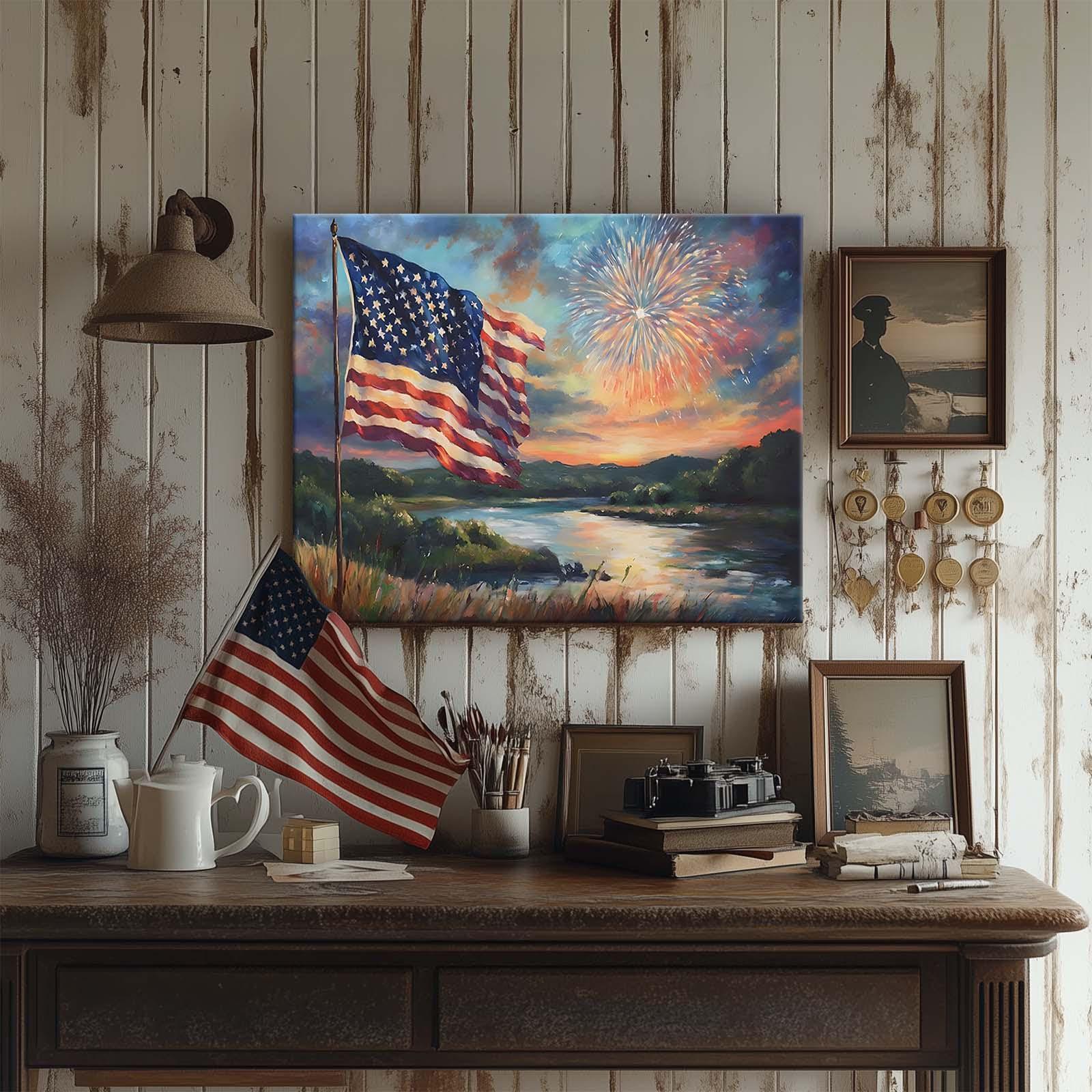 American Flag Fireworks Canvas Print: Patriotic Lake View Wall Art - Etsy