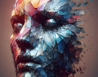 Cuadro abstracto de rostro en lienzo, impresión de retrato con efecto de cristal roto, decoración geométrica moderna para pared, lienzo enmarcado para sala de estar, dormitorio u oficina.