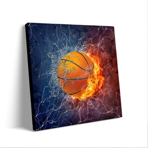 Lienzo de baloncesto para pared, póster de baloncesto, decoración de baloncesto, pelota deportiva genial en fuego y agua, decoración de habitación infantil