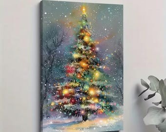 Framed Winter Tree Canvas Wall Art Snowflakes - Modern Winter Night Scene