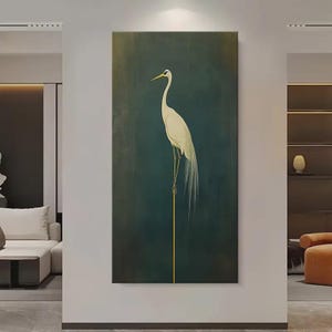 Framed Egret Canvas Art: Green & White Heron Painting, Wood Frame