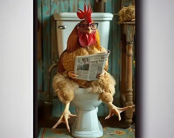 Funny Chicken Bathroom Wall Art Humorous Farm Animal Print Chicken on Toilet Poster