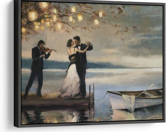 Twilight Romance Canvas Wall Art, Romantic Couple Dancing by Lake Oil Painting Wall Art Home Decor for Living Room Bedroom Gallery Wrapped