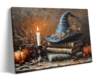 Witch Hat Canvas Wall Art, Vintage Magic Books Print, Dark Academia Decor, Autumn Halloween Painting, Witchcore Home Decor