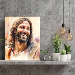 Jesus Smiling Watercolor Canvas Wall Art - Christian Home Decor