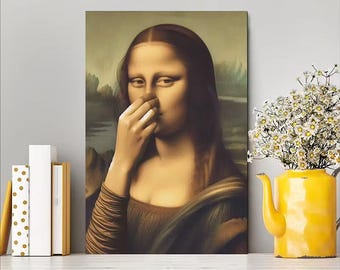 Funny Bathroom Mona Lisa Canvas Wall Art, Parody Vintage Print, Humorous Decor