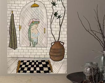 Charming Frog Bath Canvas Art Print Unframed Retro Wall Decor for Bathroom Bedroom