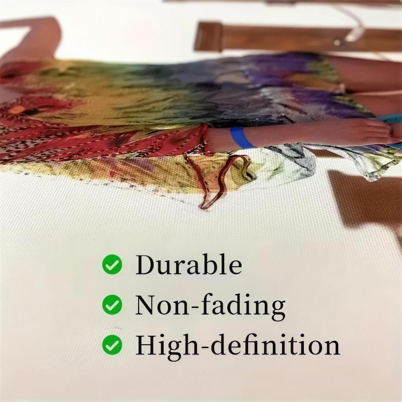 May include: A colorful, patterned garment with red, yellow, and blue hues. The image includes the words "Durable", "Non-fading", and "High-definition" in a list with green checkmarks.