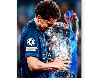 UEFA Champions League Victory Framed Print PSG UCL 2025 Captain Marquinhos Trophy Canvas Wall Art Soccer Poster for Paris Saint-Germain Fans