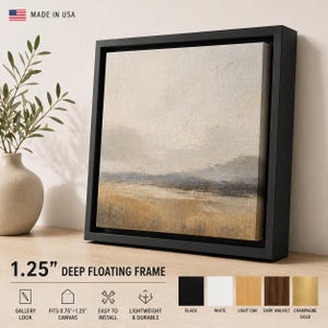 May include: A framed canvas art print with a landscape scene. The artwork is displayed in a black 1.25-inch deep floating frame. The canvas features a neutral color palette with beige, gray, and brown tones. The frame is made in the USA.
