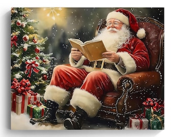 Vintage Santa Canvas Wall Art, Christmas Wall Decor, Santa Reading Book Print, Cozy Holiday Canvas, Rustic Christmas Home Decor Gift