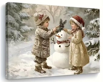 Framed Vintage Winter Scene Canvas Art - Youngsters Building a Snowman with Pine Wood Frame
