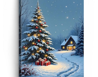 Snowy Christmas Tree Wall Art, Winter Cabin Canvas Print, Cozy Holiday Landscape Decor, Farmhouse Christmas Wall Decor