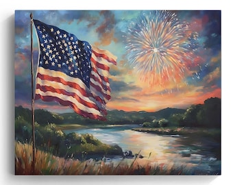 American Flag Fireworks Canvas Print: Patriotic Lake View Wall Art