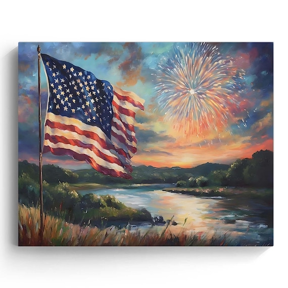 American Flag Fireworks Canvas Print: Patriotic Lake View Wall Art