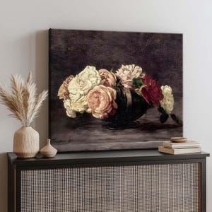 Stampe di nature morte floreali botaniche scure, stampe su tela floreali vintage, poster di dipinti a olio con rose, peonie e bouquet, opere d'arte per il soggiorno