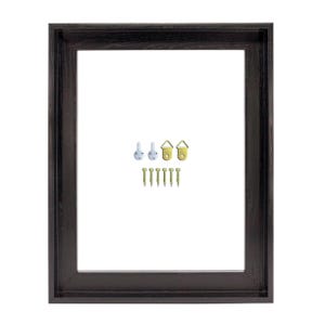 May include: A dark brown wooden picture frame with a rectangular opening. Includes hanging hardware: white hooks, gold-colored sawtooth hangers, and small gold screws. The frame has a simple, classic design.