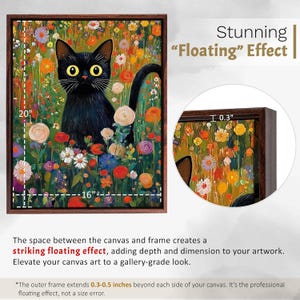 May include: A framed canvas art print featuring a black cat with yellow eyes amidst a colorful floral garden. The artwork measures 20 inches high and 16 inches wide, with a floating effect. The frame extends 0.3-0.5 inches.