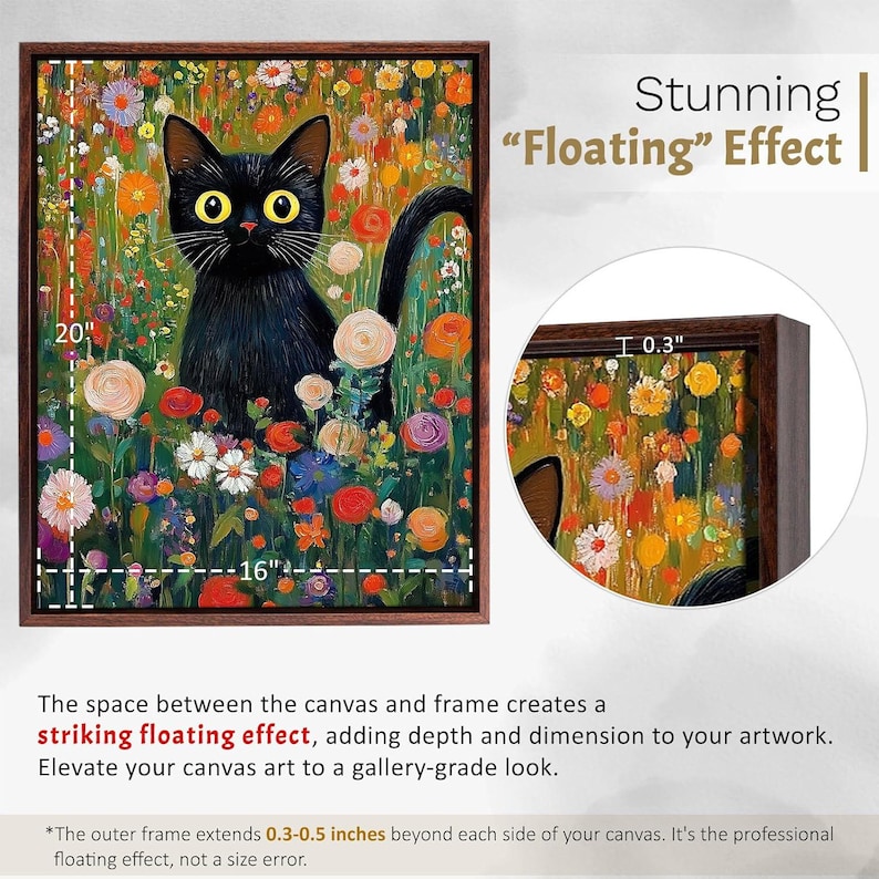 May include: A framed canvas art print featuring a black cat with yellow eyes amidst a colorful floral garden. The artwork measures 20 inches high and 16 inches wide, with a floating effect. The frame extends 0.3-0.5 inches.