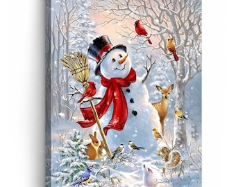 Snowman & Cardinal Canvas Wall Art with Deer | Framed Winter Christmas Decor