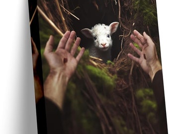Jesus Rescues Lamb Canvas Print: Christian Home Decor Wall Art