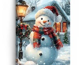 Snowman Canvas Wall Art: Cozy Christmas Cottage & Winter Decor