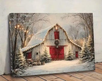 Vintage Farmhouse Barn Painting - Winter Snow Scene with Red Doors Cozy Rustic Painting