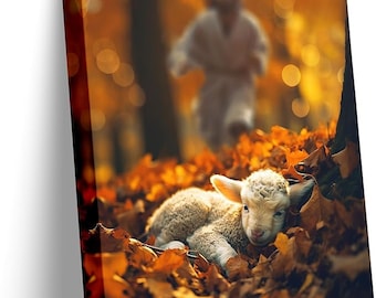 Lost Lamb In Autumn Forest Christian Decor Canvas Wall Art Jesus Running Towards Wolf And Lamb Jesus Rescues Lamb In The Fire  Canvas Print