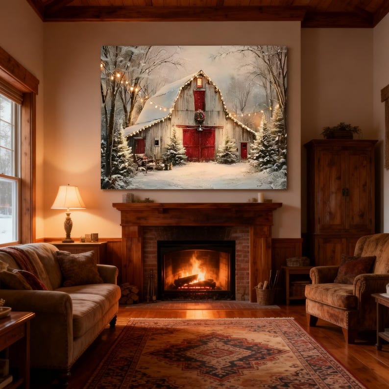 Vintage Farmhouse Barn Painting - Winter Snow Scene With Red Doors Cozy ...