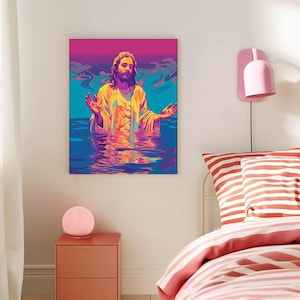 Vibrant Pop Art Baptism of Christ Print, Jesus Canvas Wall Art, Christian Resurrection Framed Painting for Home, Church or Prayer Room