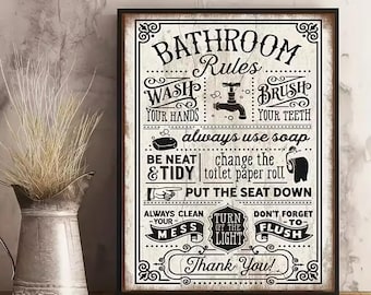Vintage Bathroom Rules Sign Rustic Wall Art Wash Your Hands Brush Your Teeth Print