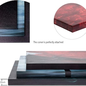 May include: Close-up of stacked canvas art prints. The prints have a thickness of 1.25 inches. The corners are perfectly attached. The art features a dark red and blue color scheme.