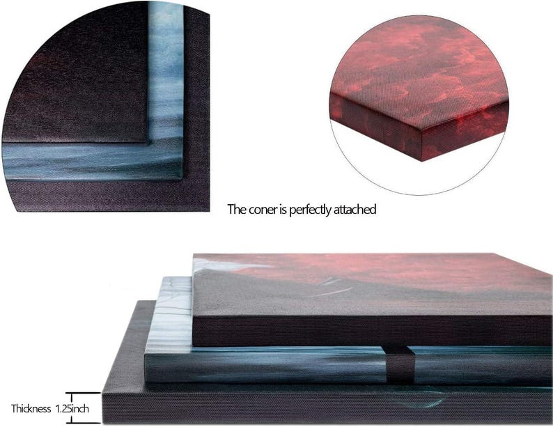 May include: Close-up of stacked canvas art prints. The prints have a thickness of 1.25 inches. The corners are perfectly attached. The art features a dark red and blue color scheme.
