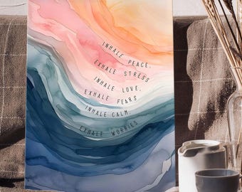Inhale Peace Exhale Stress Artwork, Calming Watercolor Canvas Wall Art, Quotes Print, Framed Abstract Ocean Theme for Home and Office Décor