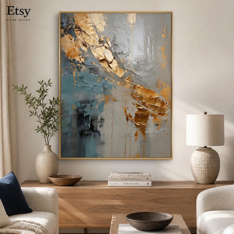 Blue and Gold Abstract Wall Art, Modern Luxury Canvas Painting ...