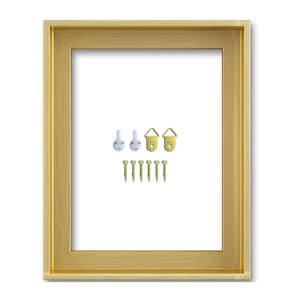 May include: A gold-colored picture frame with a white interior. Includes hanging hardware: white hooks, gold-colored D-rings, and gold screws. The frame has a simple, elegant design, suitable for displaying artwork or photos.