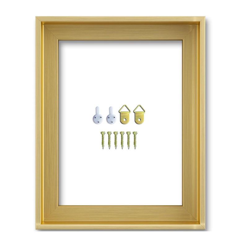 May include: A gold-colored picture frame with a white interior. Includes hanging hardware: white hooks, gold-colored D-rings, and gold screws. The frame has a simple, elegant design, suitable for displaying artwork or photos.