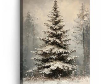 Snowy Evergreen Tree Wall Art, Winter Forest Canvas Print, Neutral Christmas Decor, Rustic Farmhouse Winter Wall Decor
