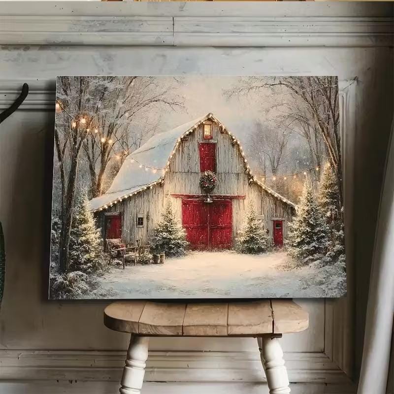 Vintage Farmhouse Barn Painting - Winter Snow Scene With Red Doors Cozy ...