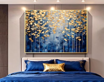 Blue Gold Abstract Canvas Wall Art Modern Luxury Vertical Wall Decor for Living Room