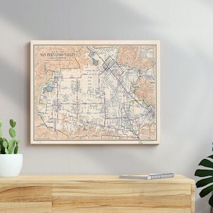 Vintage San Fernando Valley California Map, Framed Canvas Wall Art Historical Cartography Print, Antique Map Wall Decor for Office or Home