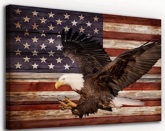 Rustic American USA Flag Canvas Art Patriotic Bald Eagle Wall Art