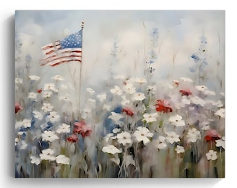 Patriotic American Flag Painting with Wildflowers Memorial Day Canvas Wall Art, Rustic Field Country Farmhouse USA Decor for Living Room
