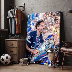 PSG Champions League Victory Canvas: Marquinhos Trophy Art, Paris Saint-Germain