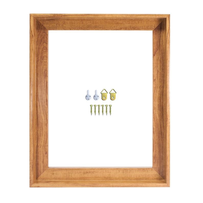 May include: A rectangular wooden picture frame with a light brown finish. Includes picture hanging hardware: three hooks and seven screws. The frame is empty, with a white interior.